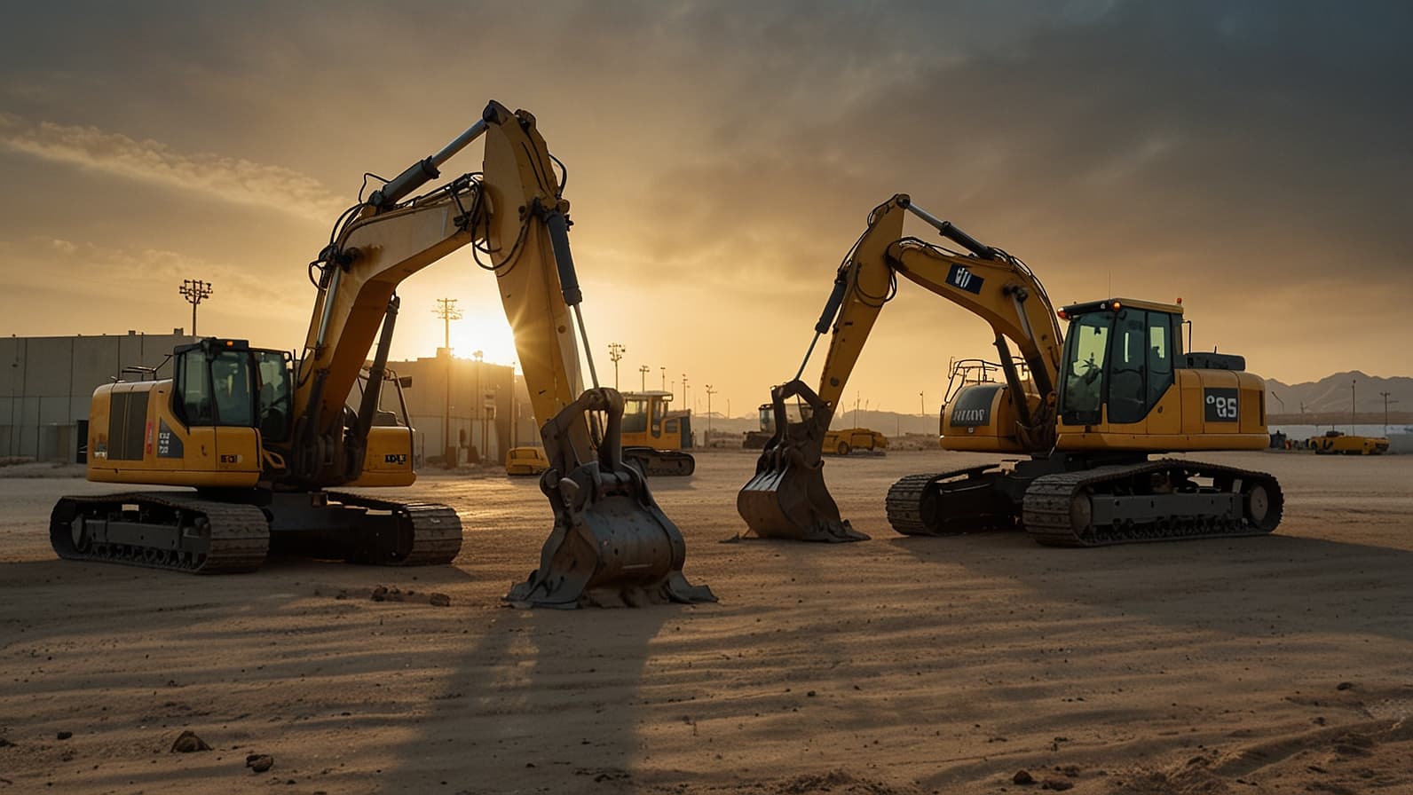 Heavy Equipment Fleet at Golden Hour - Mag Arabia Industrial Equipment